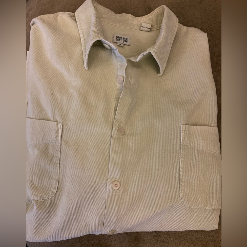 Pale Green White Shirt - Blue Jean Corduroy Cotton Shirt Size XL